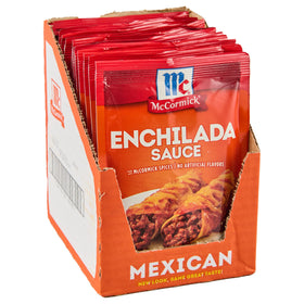 McCormick Enchilada Sauce Mix box close-up showing the zesty blend for quick dinners