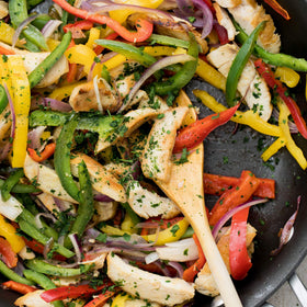Family friendly dinner with McCormick Fajita Seasoning Mix and peppers.