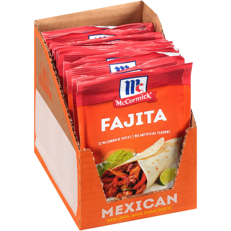 McCormick Fajita Seasoning Mix pack-shot showing a 12-pack for quick weeknight meals.