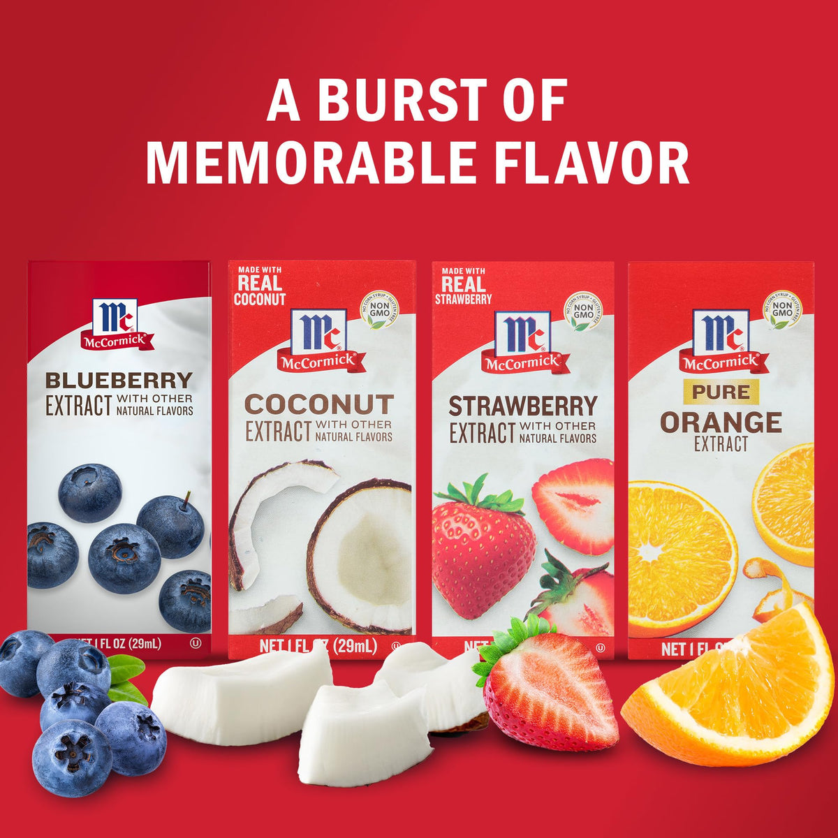 McCormick extracts lineup featuring four fruity flavors and natural accents.