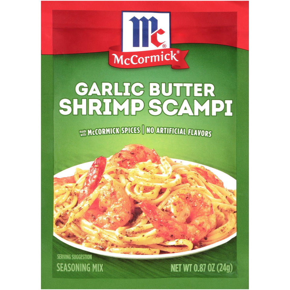 McCormick Garlic Butter Shrimp Scampi Mix packaging shown, great for quick weeknight flavor.