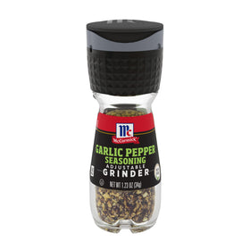 McCormick Garlic Pepper Grinder bottle shows bold garlic and pepper blend for grilling.