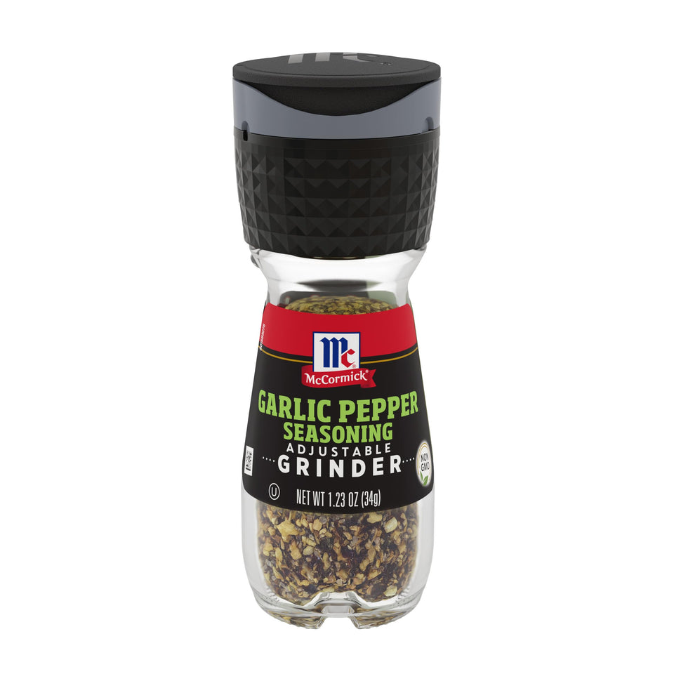 McCormick Garlic Pepper Grinder bottle shows bold garlic and pepper blend for grilling.