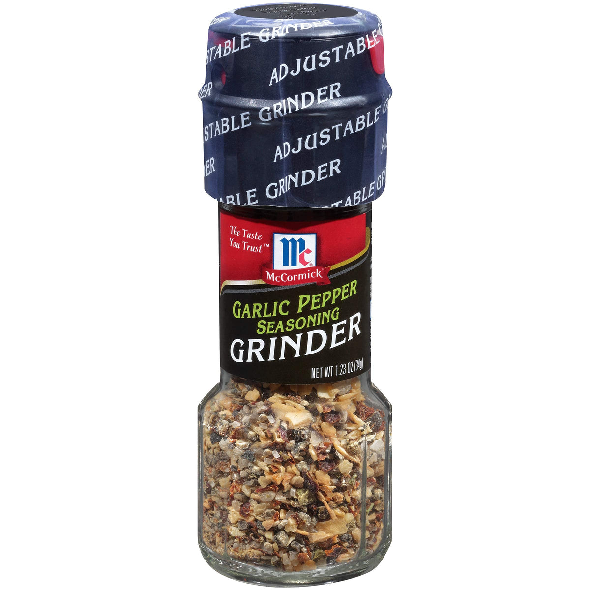 Top view shows McCormick Garlic Pepper Grinder ready to season