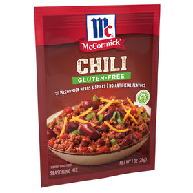 McCormick Gluten Free Chili Seasoning Mix package front showing label and quick gluten-free chili
