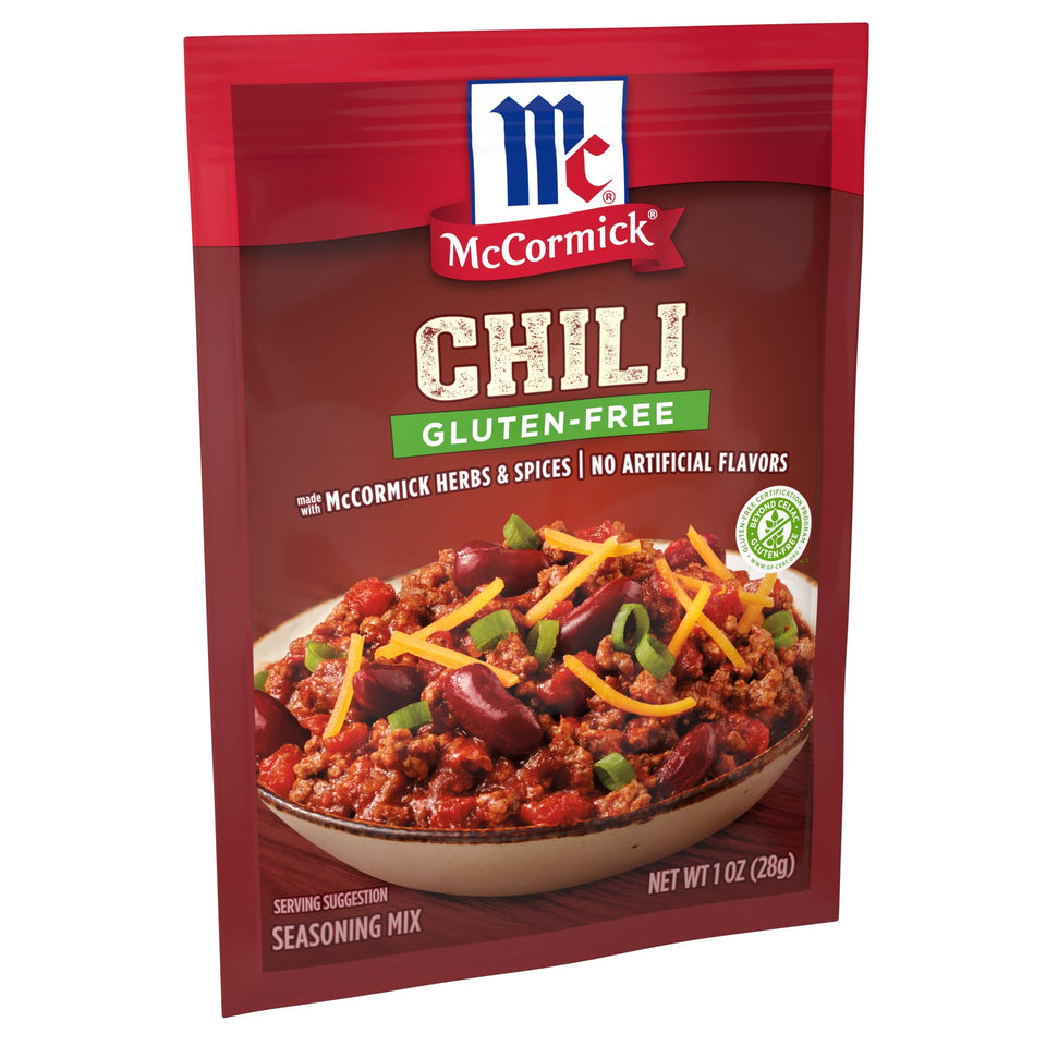 McCormick Gluten Free Chili Seasoning Mix package front showing label and quick gluten-free chili