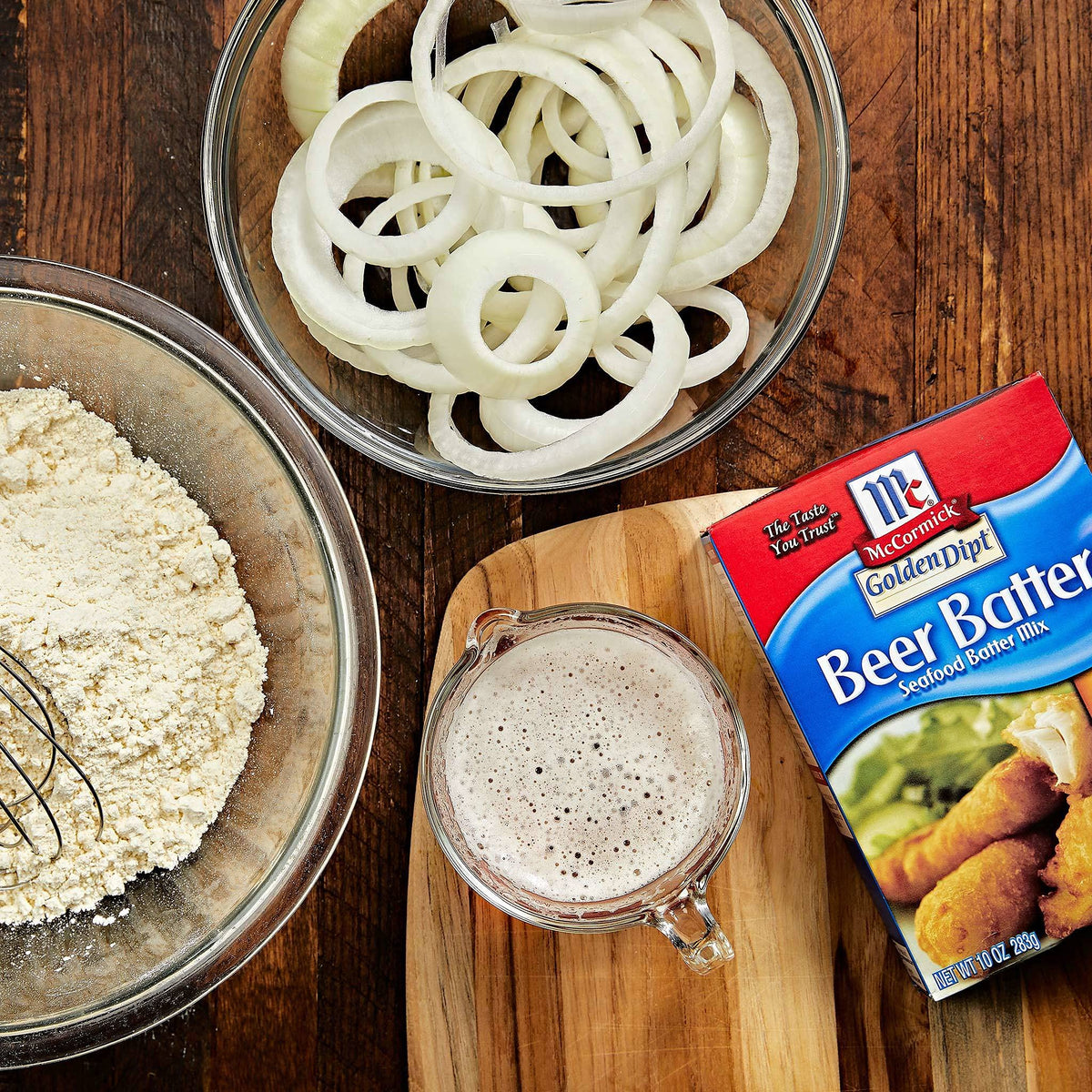 Garlic powder and red pepper added to McCormick beer batter for extra spice