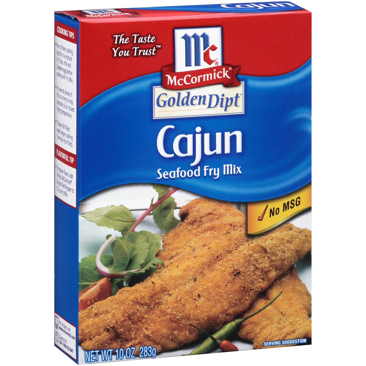 McCormick Golden Dipt Cajun Seafood Fry Mix pack shot shows eight-pack convenience for home frying