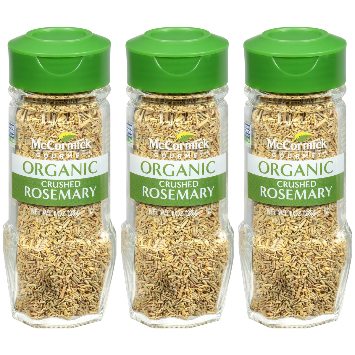 McCormick Gourmet Organic Crushed Rosemary bottle with piney aroma for roasting meats.