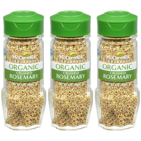 McCormick Gourmet Organic Crushed Rosemary bottle with piney aroma for roasting meats.