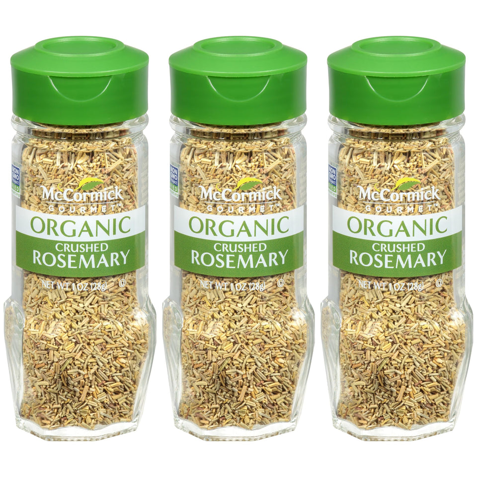 McCormick Gourmet Organic Crushed Rosemary bottle with piney aroma for roasting meats.