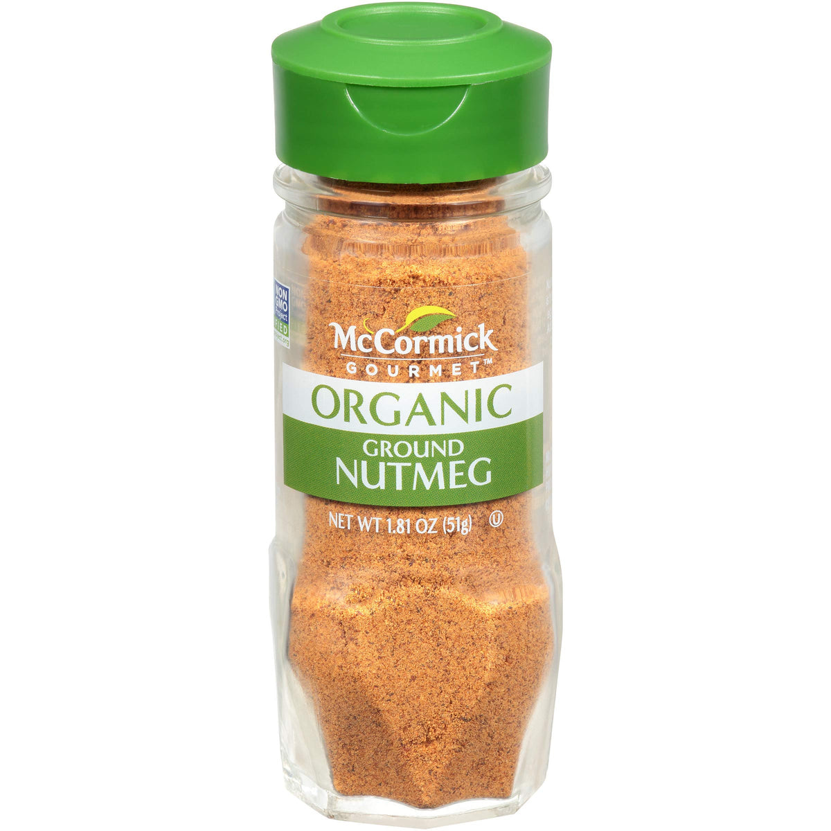 McCormick Gourmet Organic Ground Nutmeg jar boosts warm aroma in sauces and desserts.