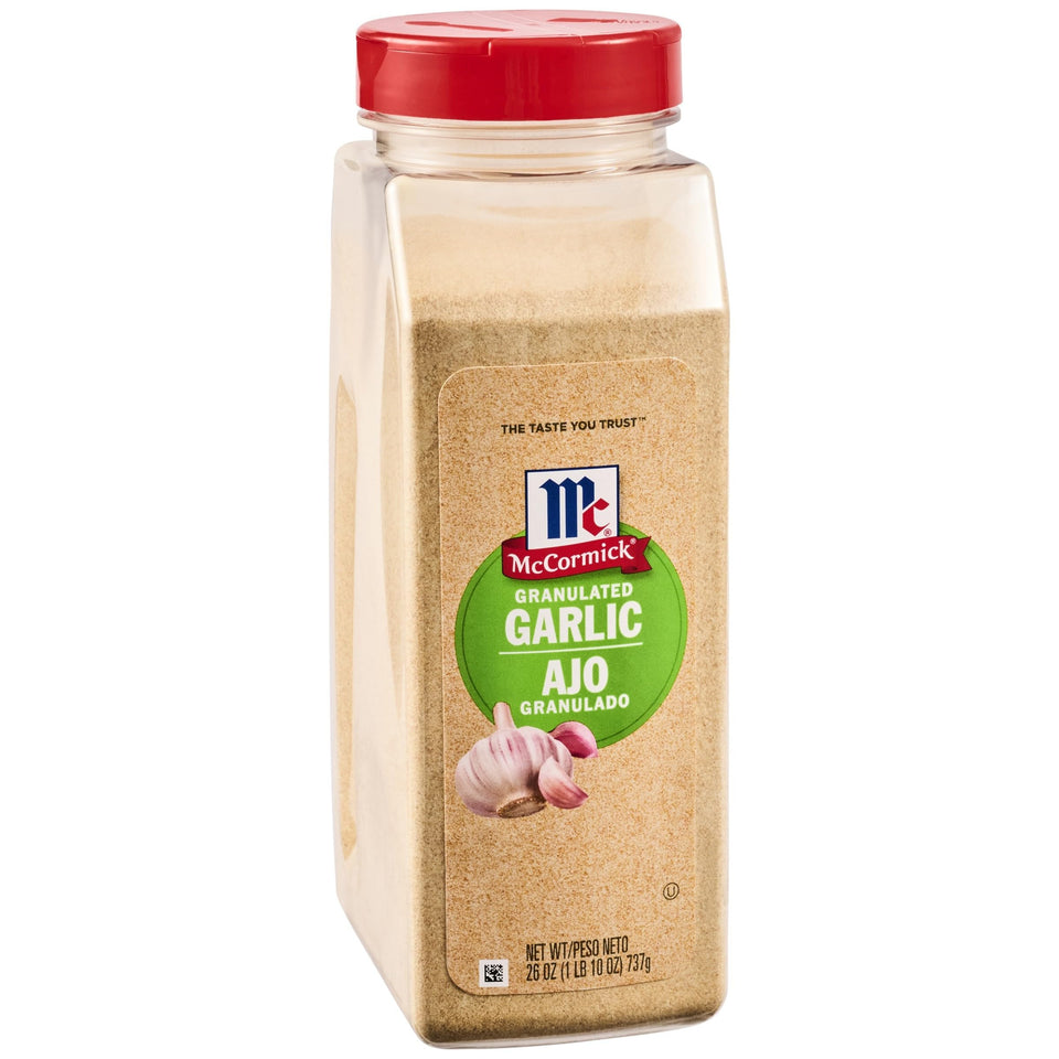 McCormick Granulated Garlic in a jar delivers milder garlic warmth for quick seasoning.