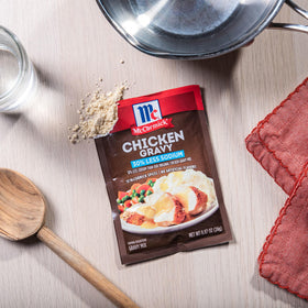 McCormick gravy packets stored at room temperature for long shelf life.