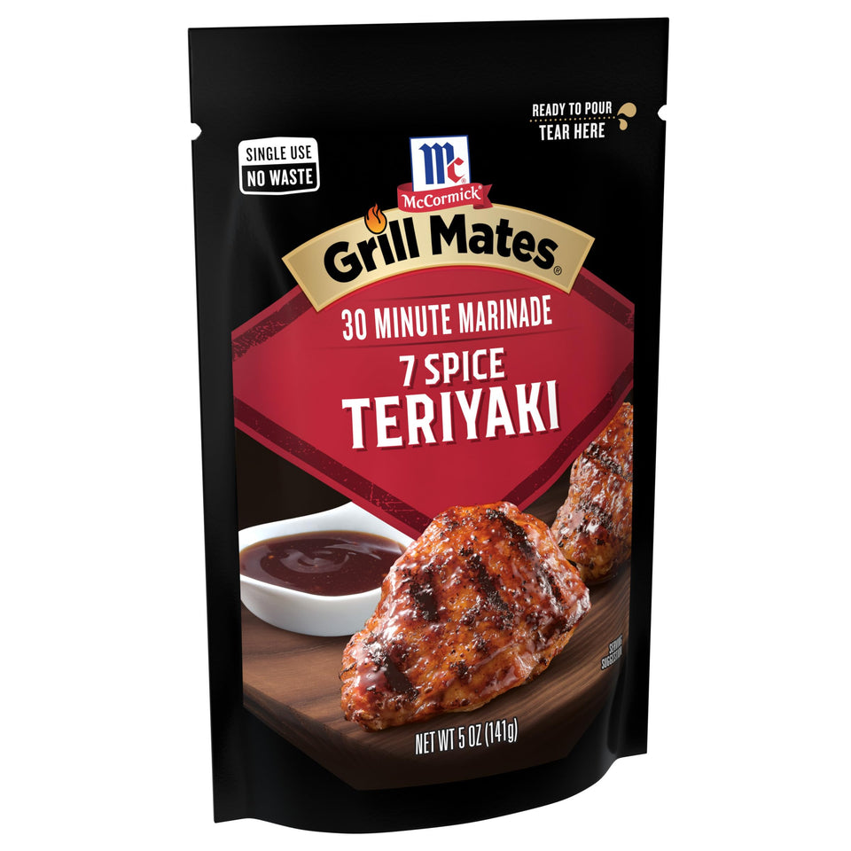 McCormick Grill Mates 7 Spice Teriyaki marinade bottle for quick grill flavor.