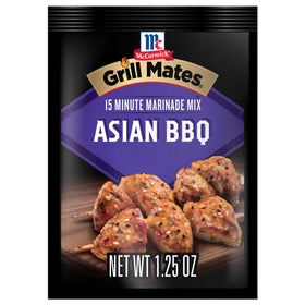McCormick Grill Mates Asian BBQ bottle pour shows a quick 15-minute marinade for chicken.