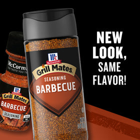 McCormick Grill Mates Barbecue Seasoning bottle back label highlights natural herbs and no MSG.