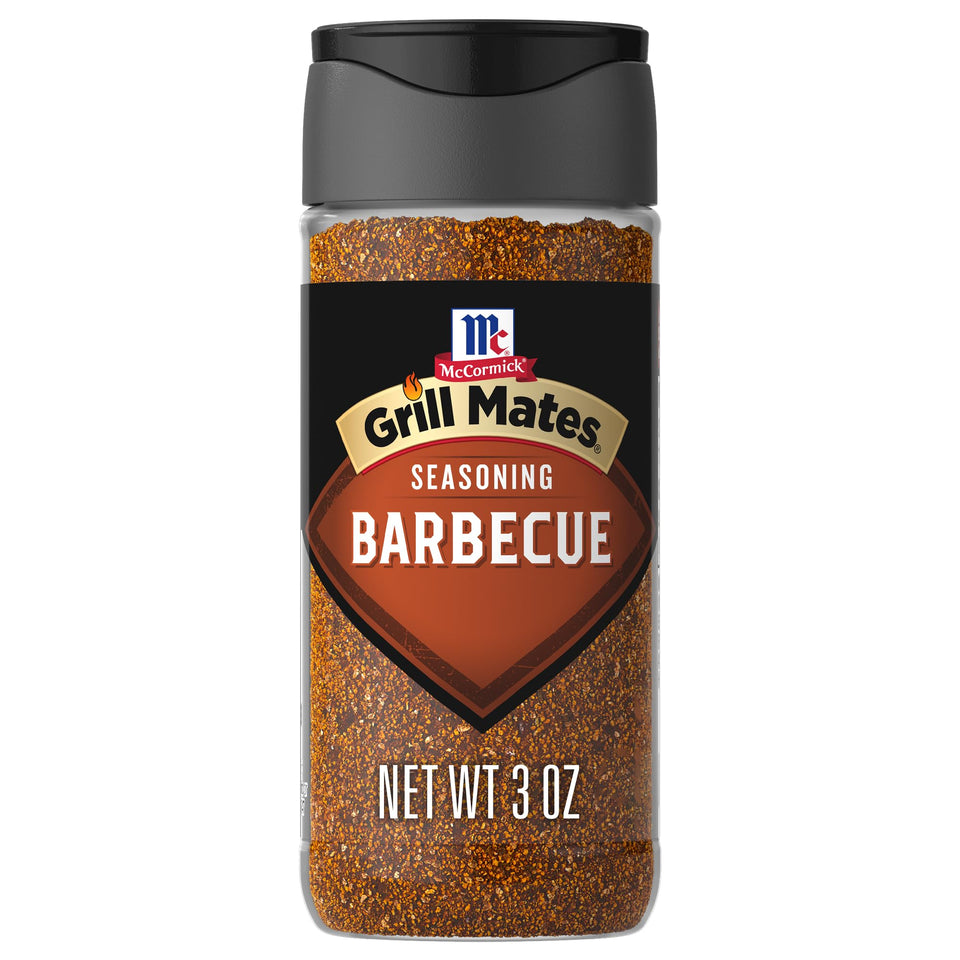 McCormick Grill Mates Barbecue Seasoning bottle front shows smoky flavor boost.