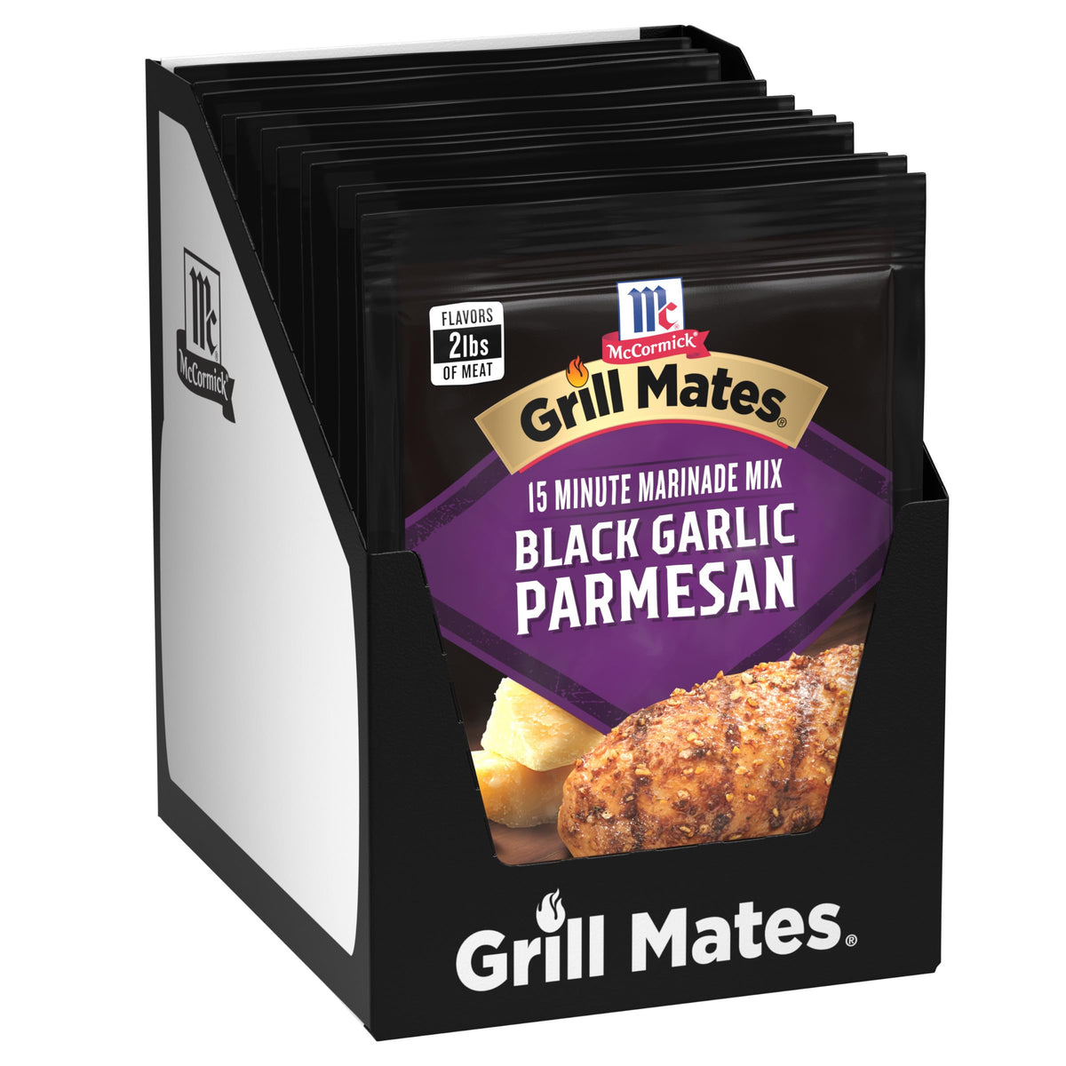 McCormick Grill Mates Black Garlic Parmesan 1oz pack close-up for marinating meats.