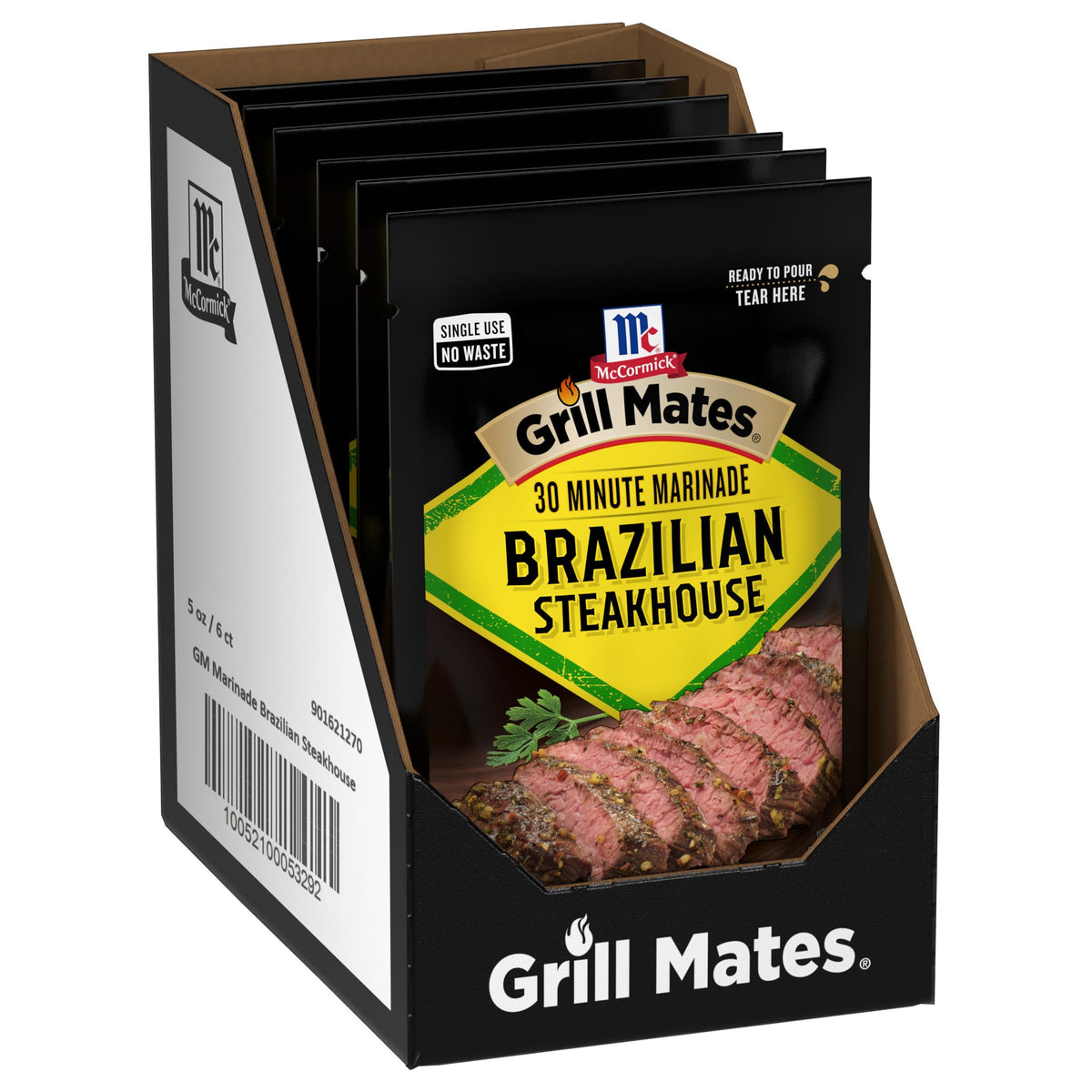 McCormick Grill Mates Brazilian Steakhouse pouch close-up, convenient single-use packaging.