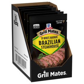 McCormick Grill Mates Brazilian Steakhouse pouch close-up, convenient single-use packaging.