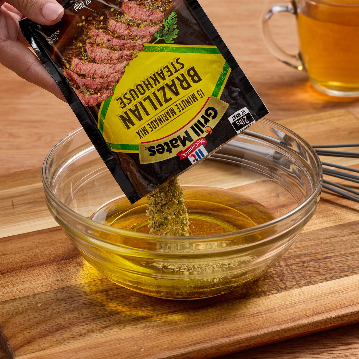 McCormick Grill Mates Brazilian Steakhouse Seasoning label closeup shows pepper, parsley, garlic notes