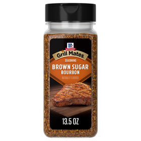 McCormick Grill Mates Brown Sugar Bourbon Seasoning being poured for a juicy finish.