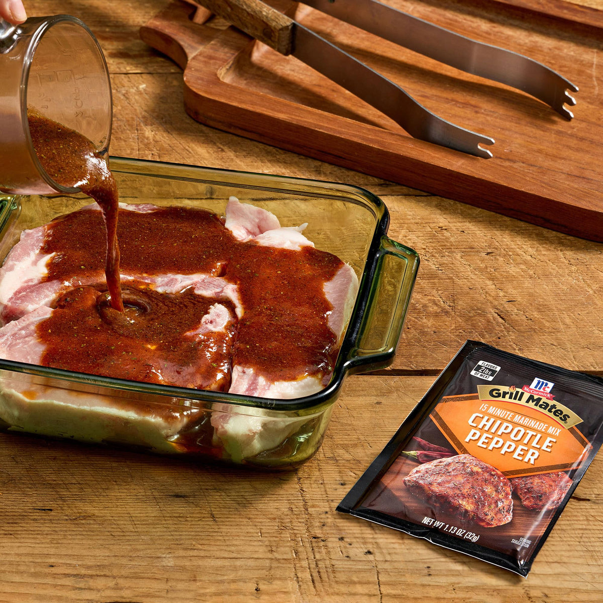 Finished pork with smoky glaze from McCormick Grill Mates Chipotle Pepper Marinade.