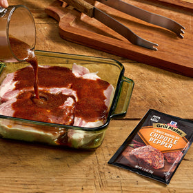Finished pork with smoky glaze from McCormick Grill Mates Chipotle Pepper Marinade.
