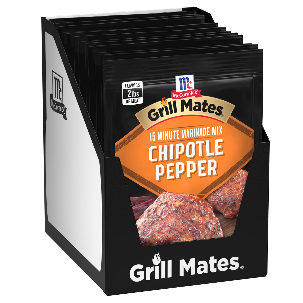 McCormick Grill Mates Chipotle Pepper Marinade Pack boosts smoky flavor for grilling.