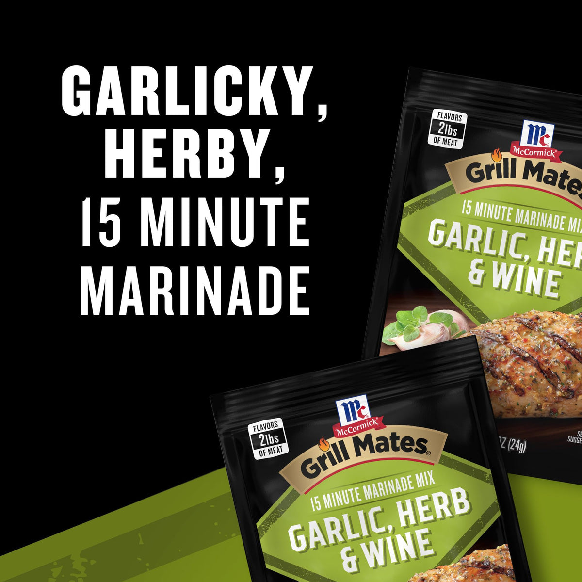 McCormick Grill Mates Garlic, Herb & Wine marinade on grilled chicken for savory tenderness.