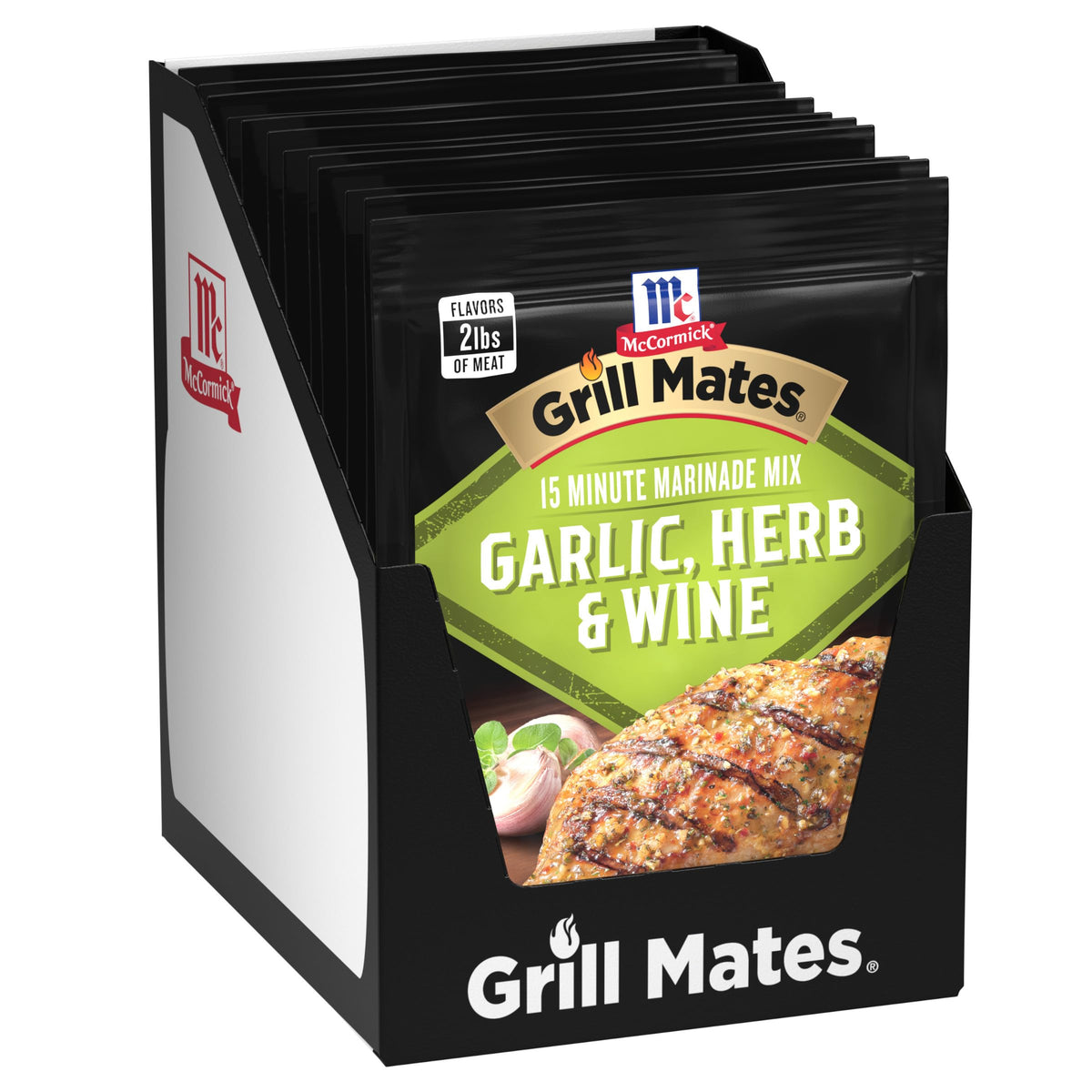 McCormick Grill Mates Garlic, Herb & Wine Marinade Pack front view for quick flavor boost.