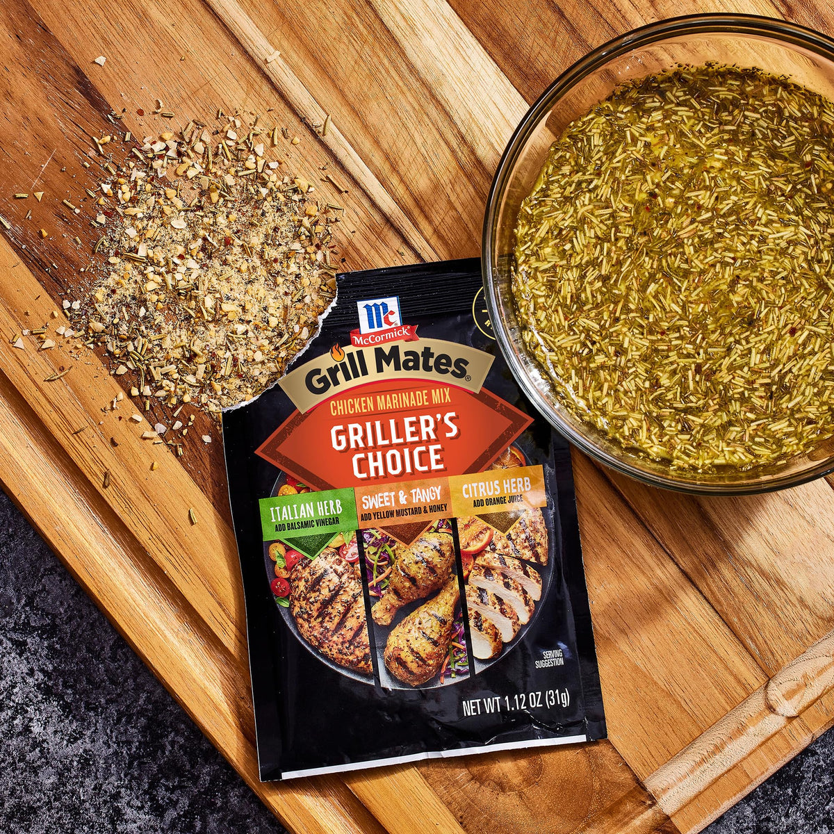 12-pack McCormick Griller's Choice packaging shown for convenient marinades