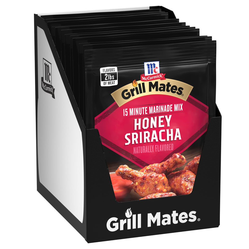McCormick Grill Mates Honey Sriracha Marinade bottle boosts flavor with tangy heat.