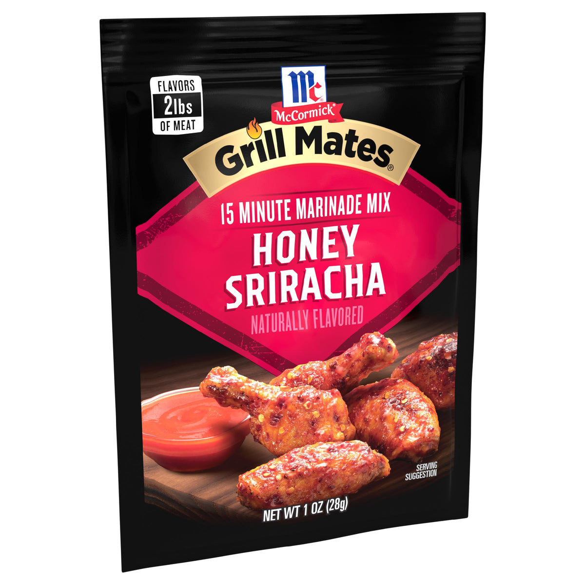 McCormick Grill Mates Honey Sriracha Marinade side view highlights convenient packaging.