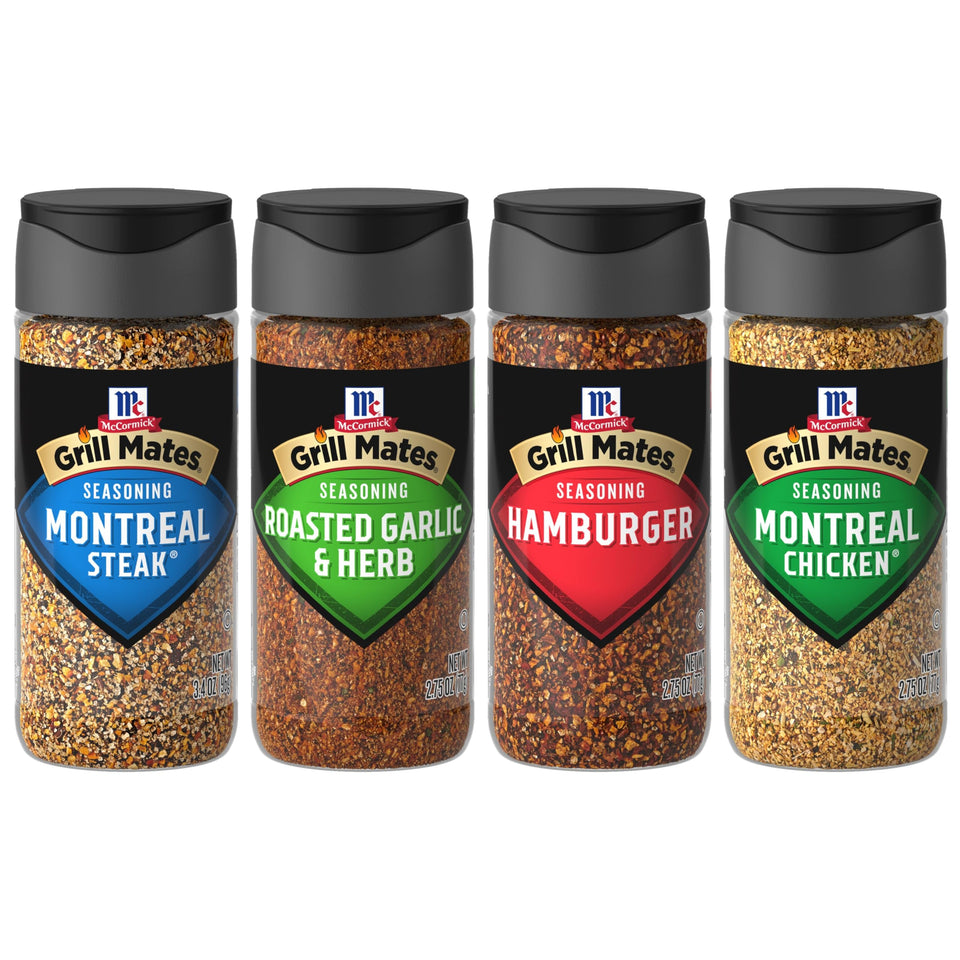 McCormick Grill Mates Montreal Steak Seasoning bottle adds bold flavor to grilled steaks.