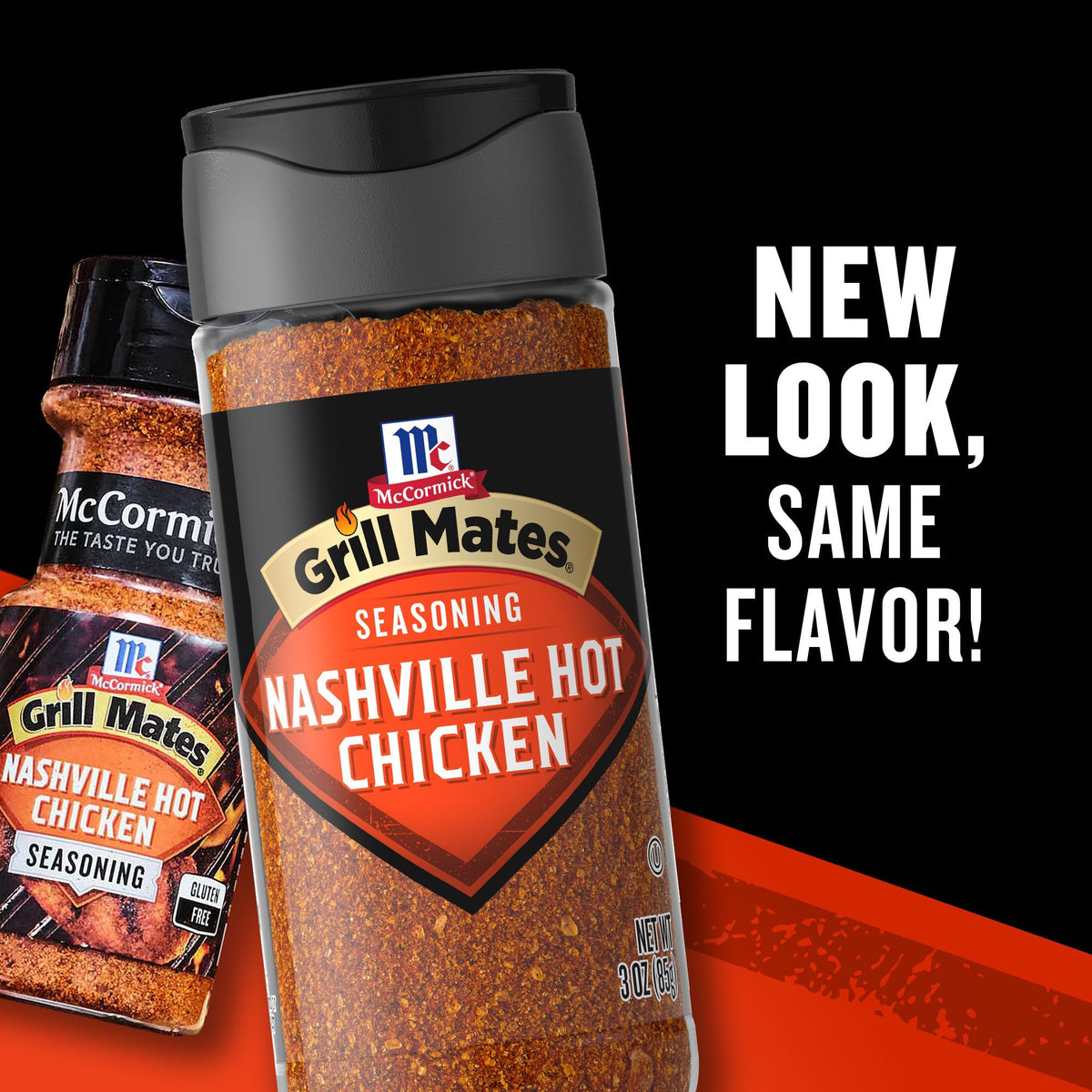 McCormick Nashville Hot shaker dispensing spice over chicken for grilling.