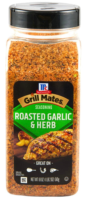 McCormick Grill Mates Roasted Garlic and Herb seasoning bottle for bold grilling flavors
