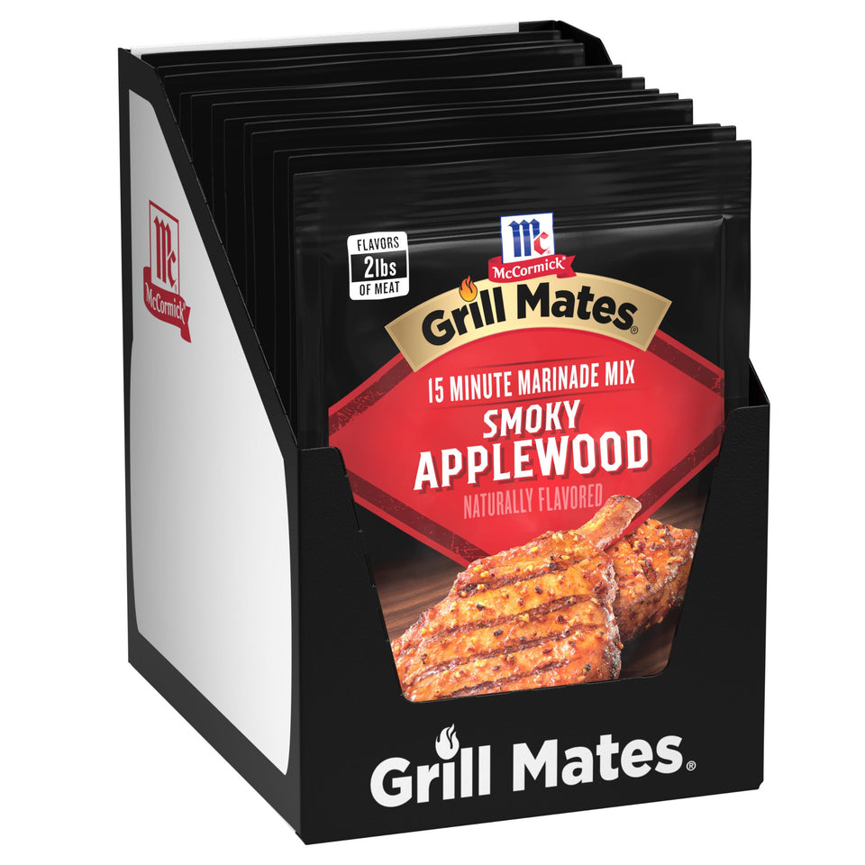 McCormick Grill Mates Smoky Applewood Marinade Mix bottle front for easy seafood marination.