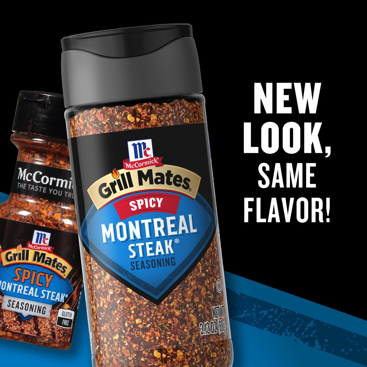 McCormick Grill Mates Spicy Montreal Seasoning bottle pouring shows quick, flavorful seasoning.