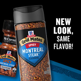 McCormick Grill Mates Spicy Montreal Seasoning bottle pouring shows quick, flavorful seasoning.