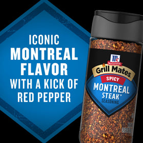 McCormick Grill Mates Spicy Montreal Seasoning close-up reveals garlic, paprika and peppers.
