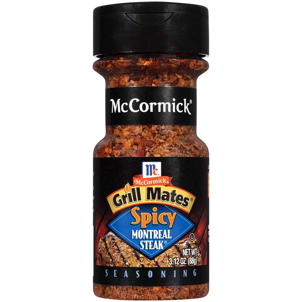 McCormick Grill Mates Spicy Montreal Steak Seasoning jar front view for bolder beef flavor