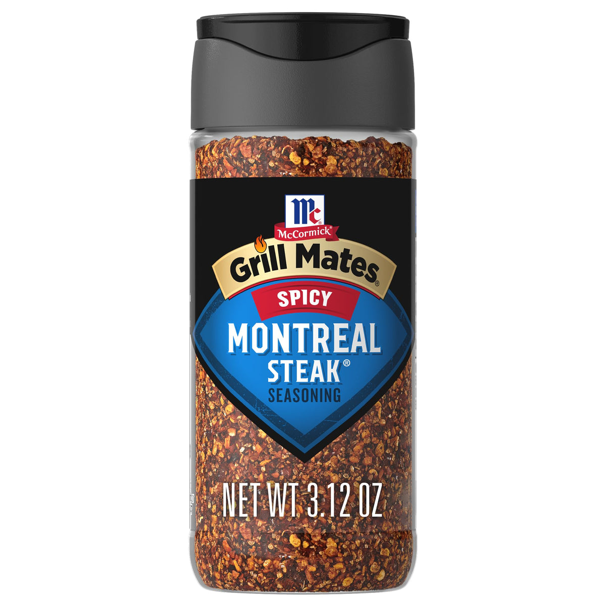 McCormick Grill Mates Spicy Montreal Steak Seasoning bottle label front highlights bold heat for grilling.