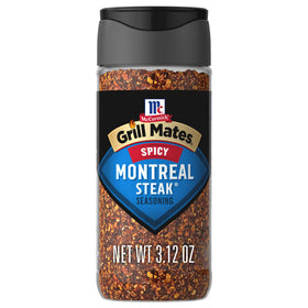 McCormick Grill Mates Spicy Montreal Steak Seasoning bottle label front highlights bold heat for grilling.