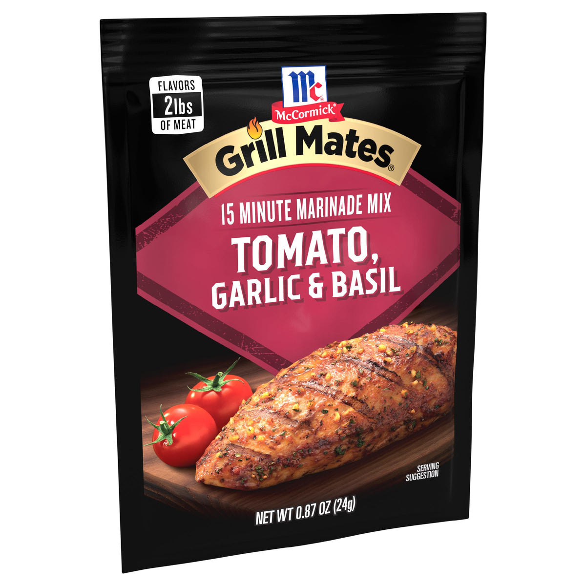 Pouring McCormick Grill Mates Tomato Garlic Basil Marinade shows glossy grilling sauce