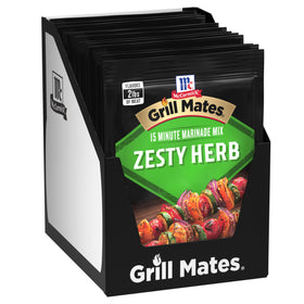 McCormick Grill Mates Zesty Herb Marinade bottle ready for grilling.