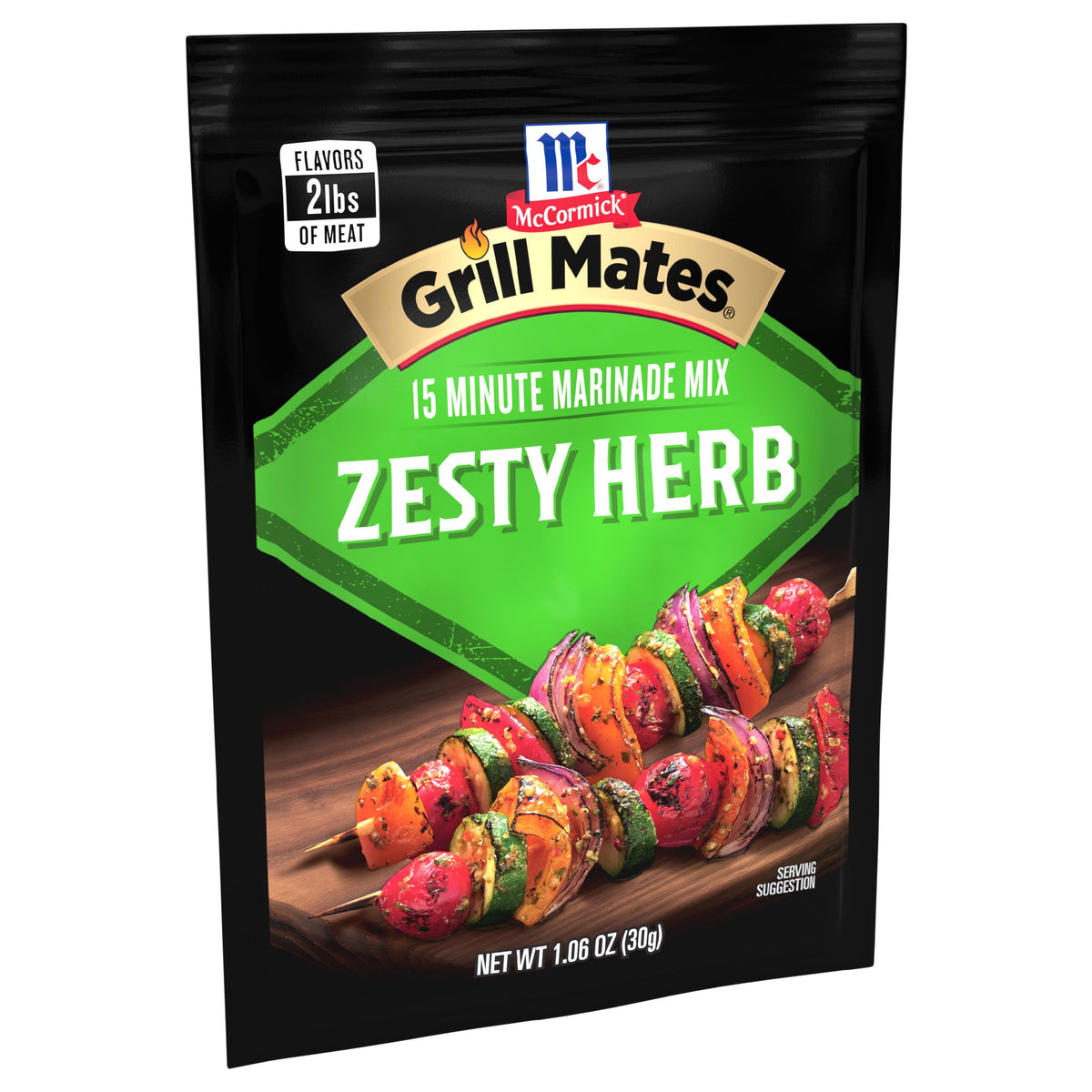 McCormick Grill Mates Zesty Herb Marinade packaging on the shelf.