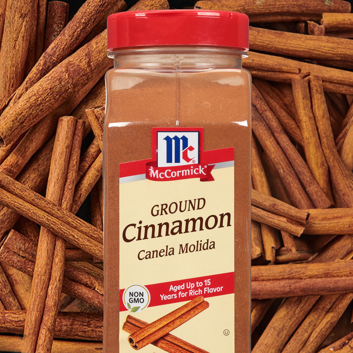 McCormick Ground Cinnamon packaging highlighting aging and non-GMO quality