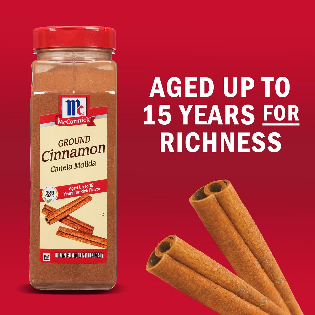 McCormick Ground Cinnamon on spice rack signaling premium non-GMO quality